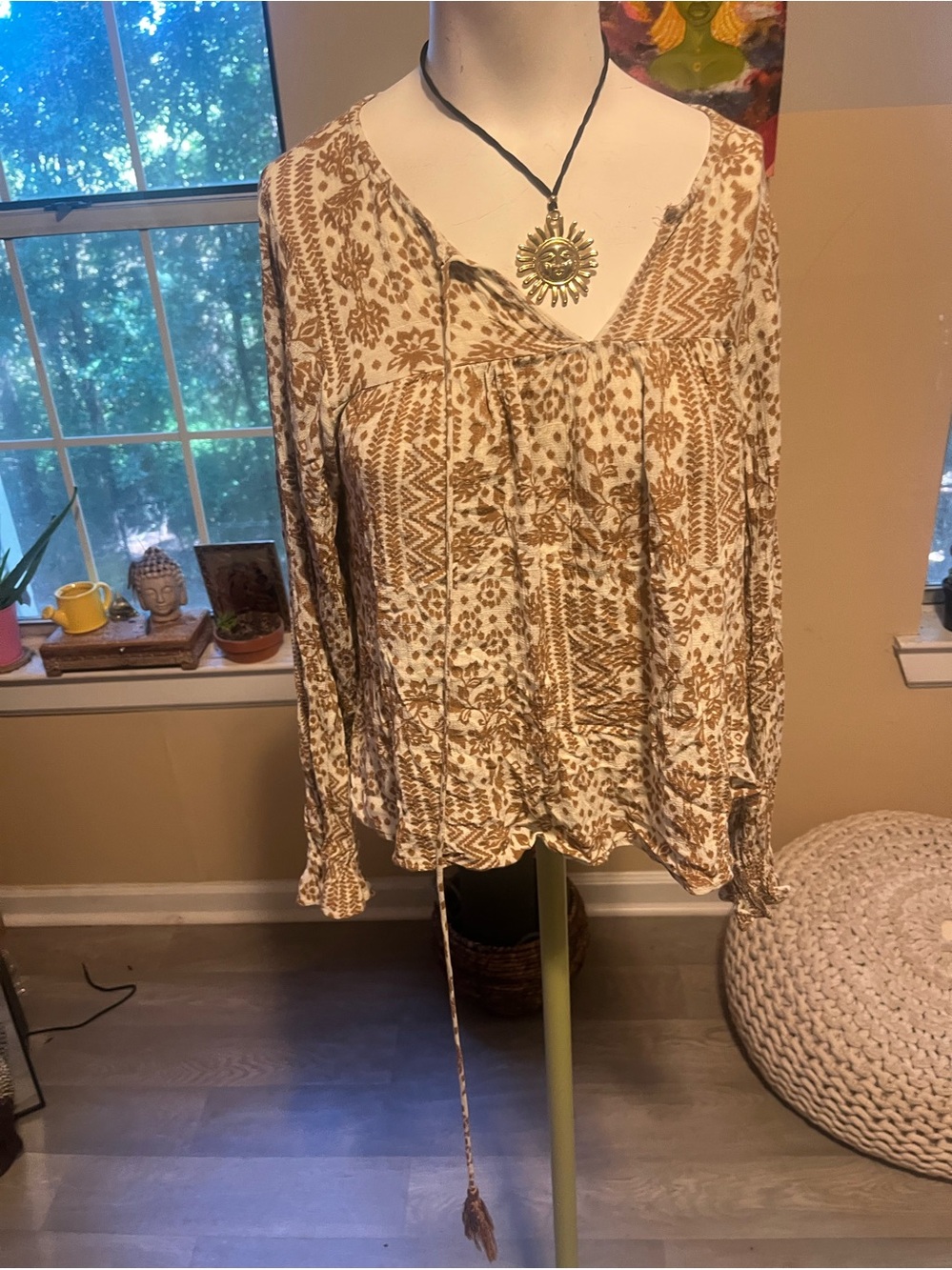 Pink Lily Brown Floral Boho V-Neck Long Sleeve Tunic